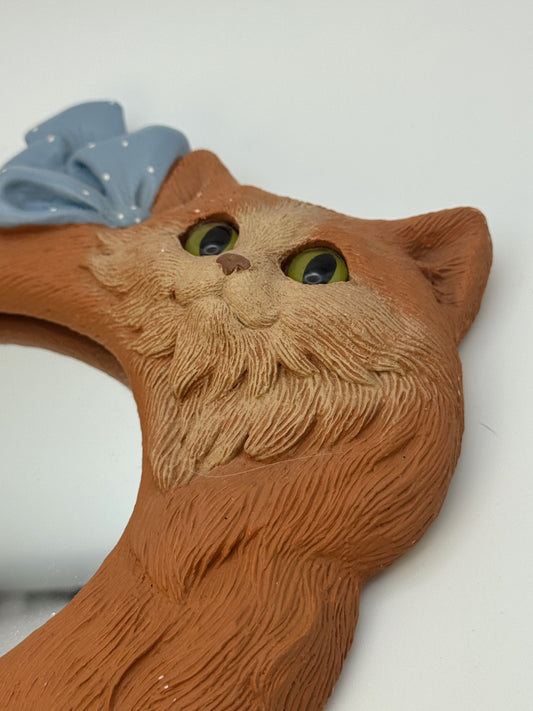 Vintage 90s Cat Wall Mirror with Blue Bow – Kitschy Cottagecore Wall Decor (7” x 6”)