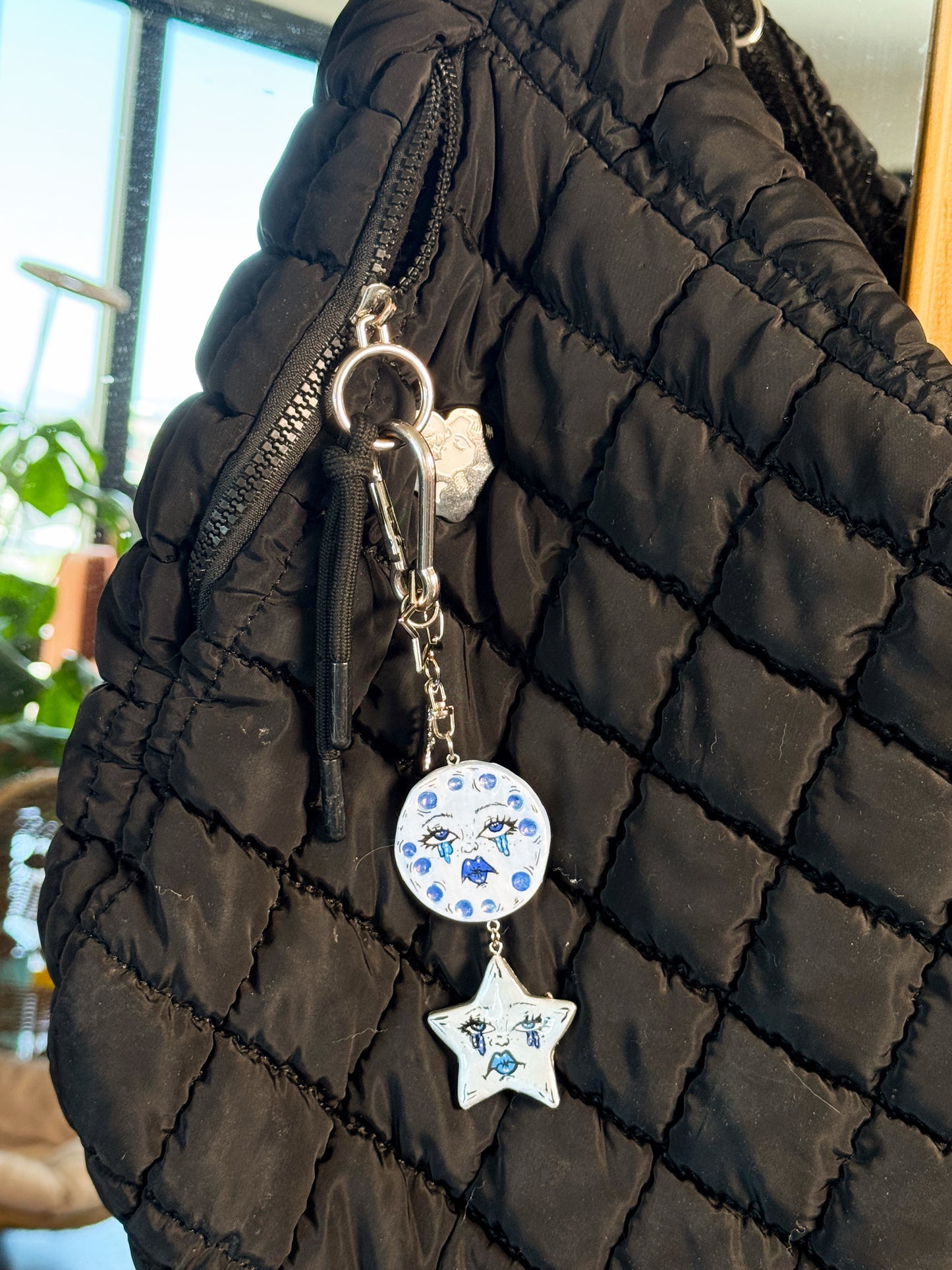 Sad Girl Moon & Star Duo Keychain – Polymer Clay Bag Charm – Hand Painted Celestial Moon Charm