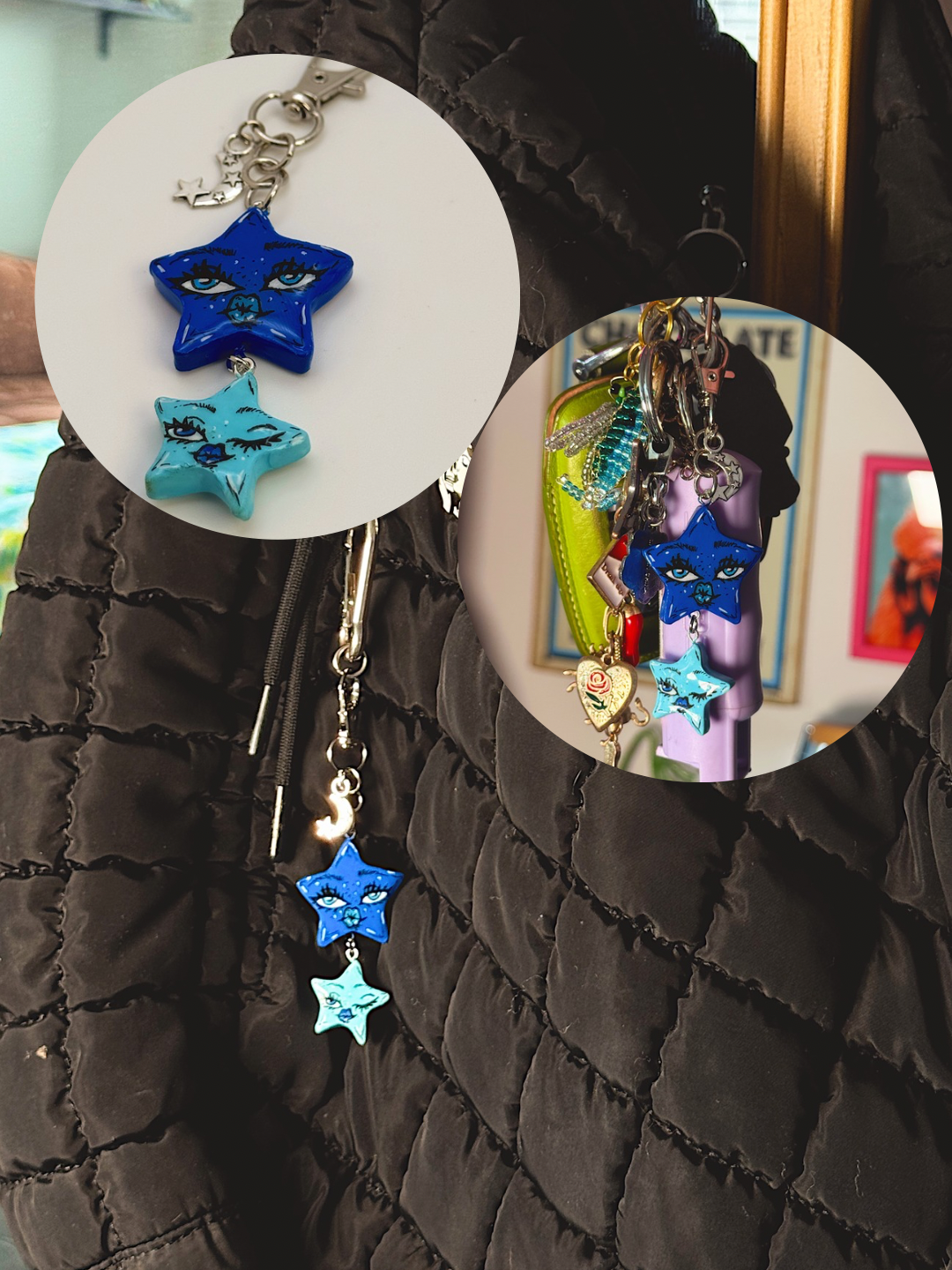 Double Star Celestial Face Keychain – Handmade Star Bag Charm