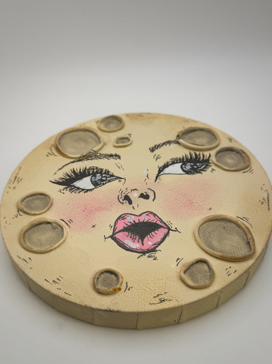 Miss Moon – Hand-Painted Moon Face Wall Art (6” Textured Canvas)