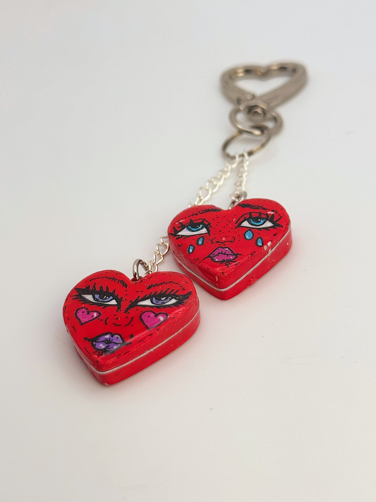 Love-Sick Twin Hearts Keychain – Hand-Painted Polymer Clay Duo