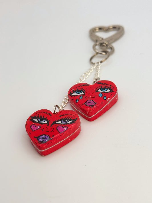 Love-Sick Twin Hearts Keychain – Hand-Painted Polymer Clay Duo