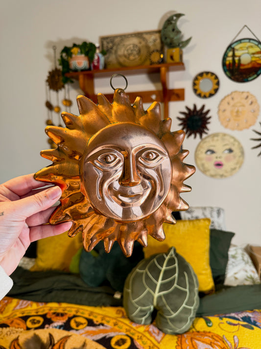 Vintage Sun Face Wall Hanging | Copper Metal Mold Decor | Celestial Sun Wall Art | Boho Whimsigoth