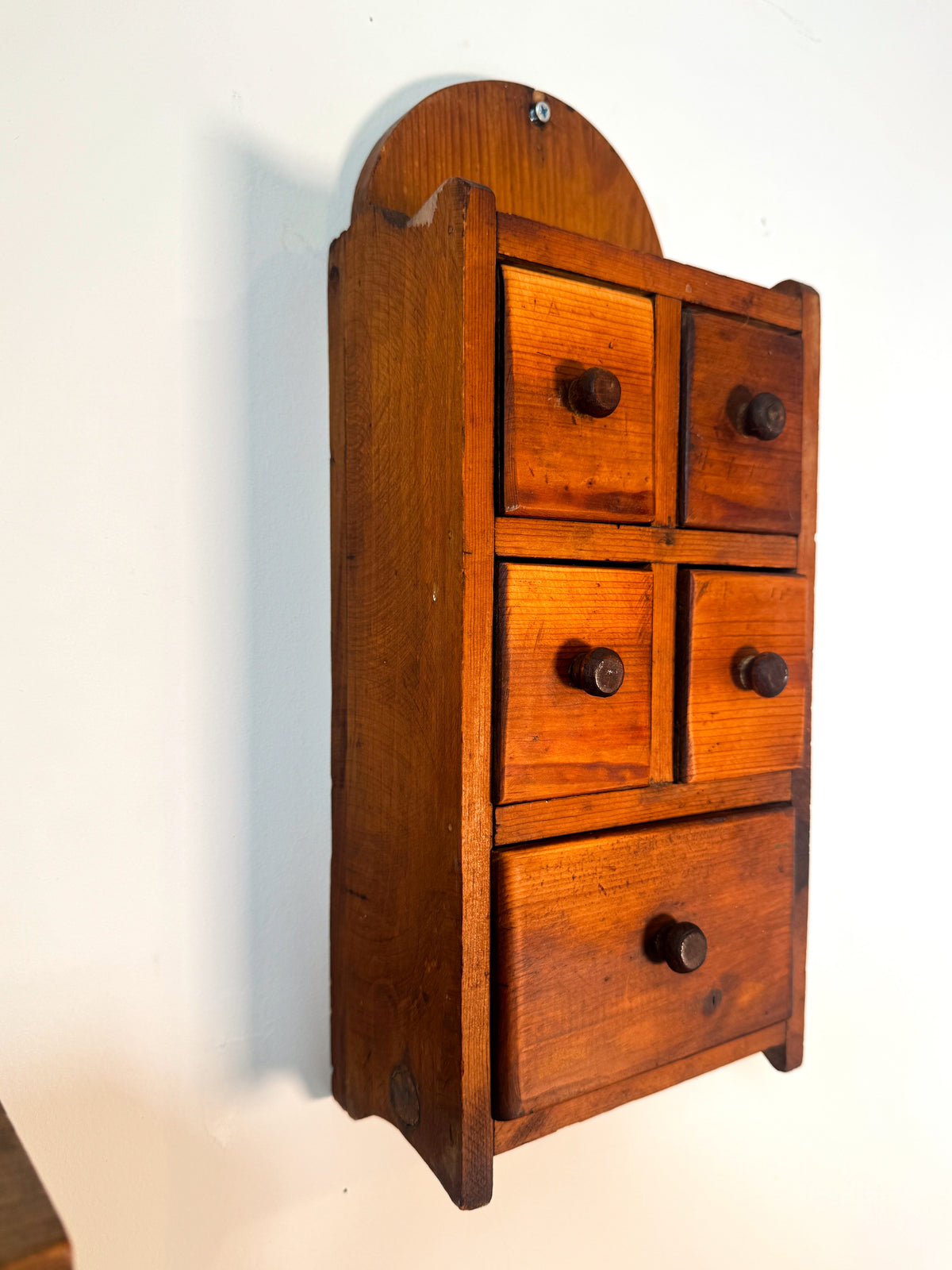 Vintage Handmade Pine Wall Spice Cabinet – 5 Drawer Apothecary