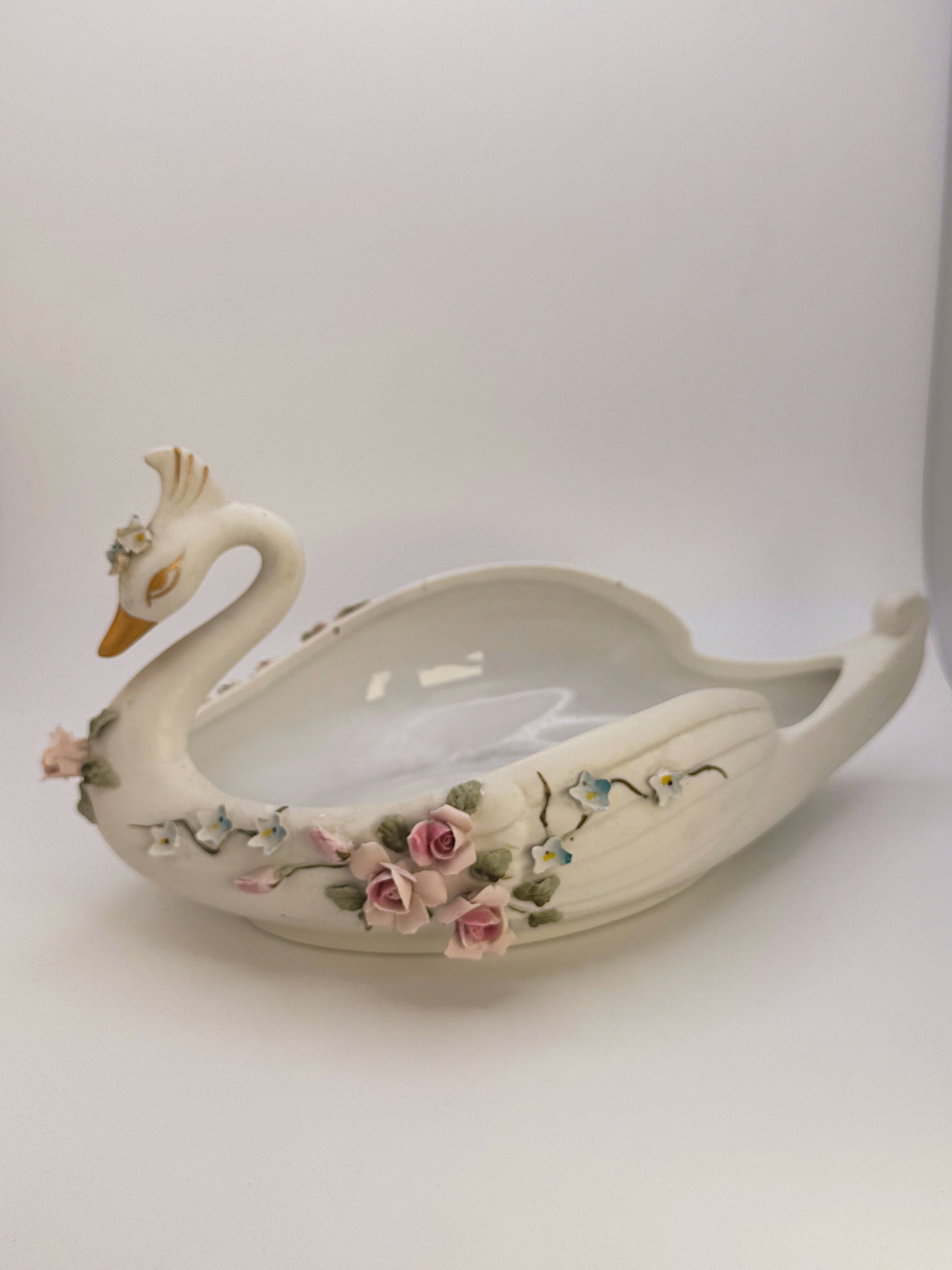 Vintage Hand-Painted Swan Jewelry Dish with Floral Details