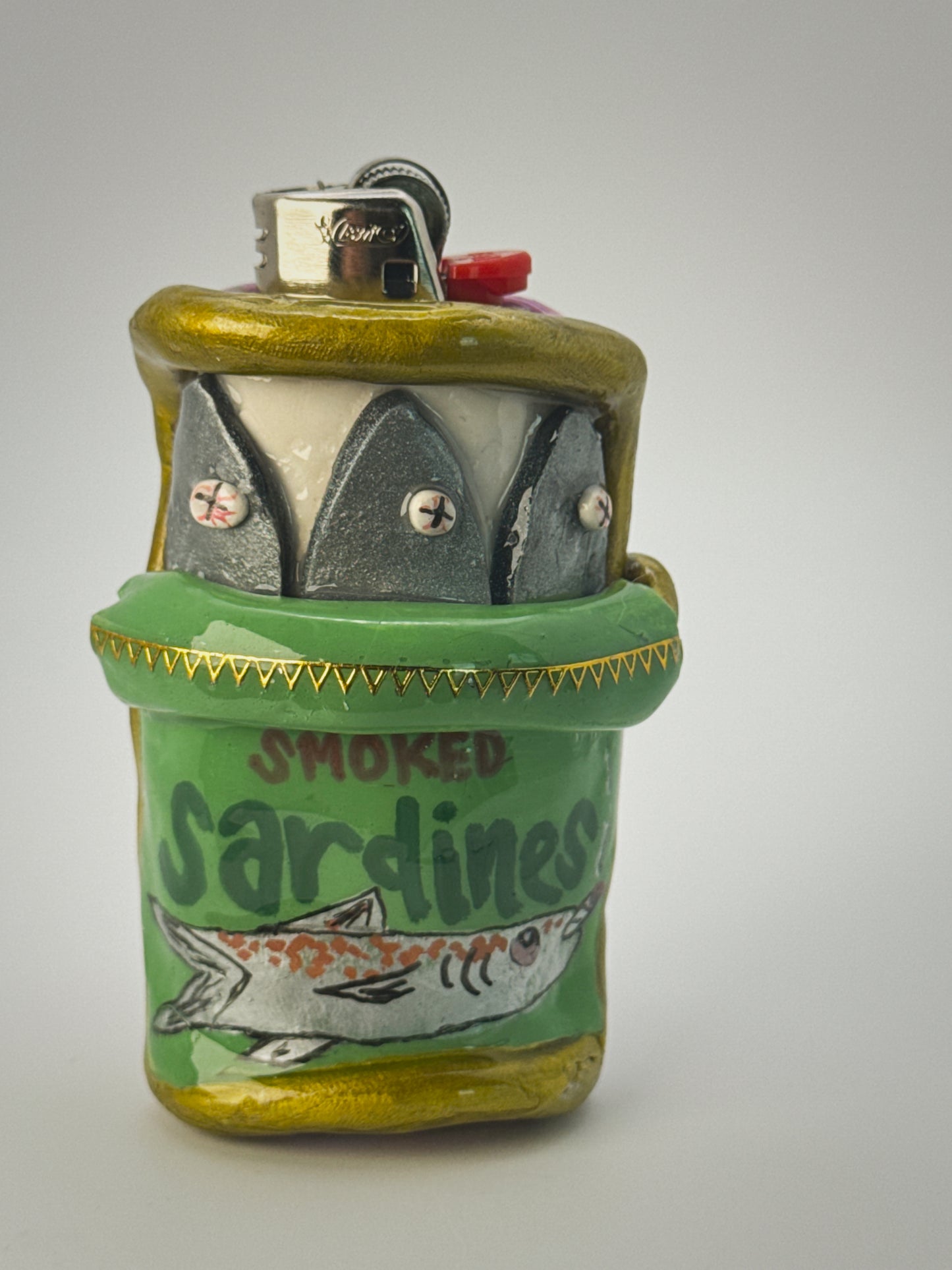 Smoked Sardine Tin Lighter Case| Fits Standard Bic | Handmade Polymer Clay Art