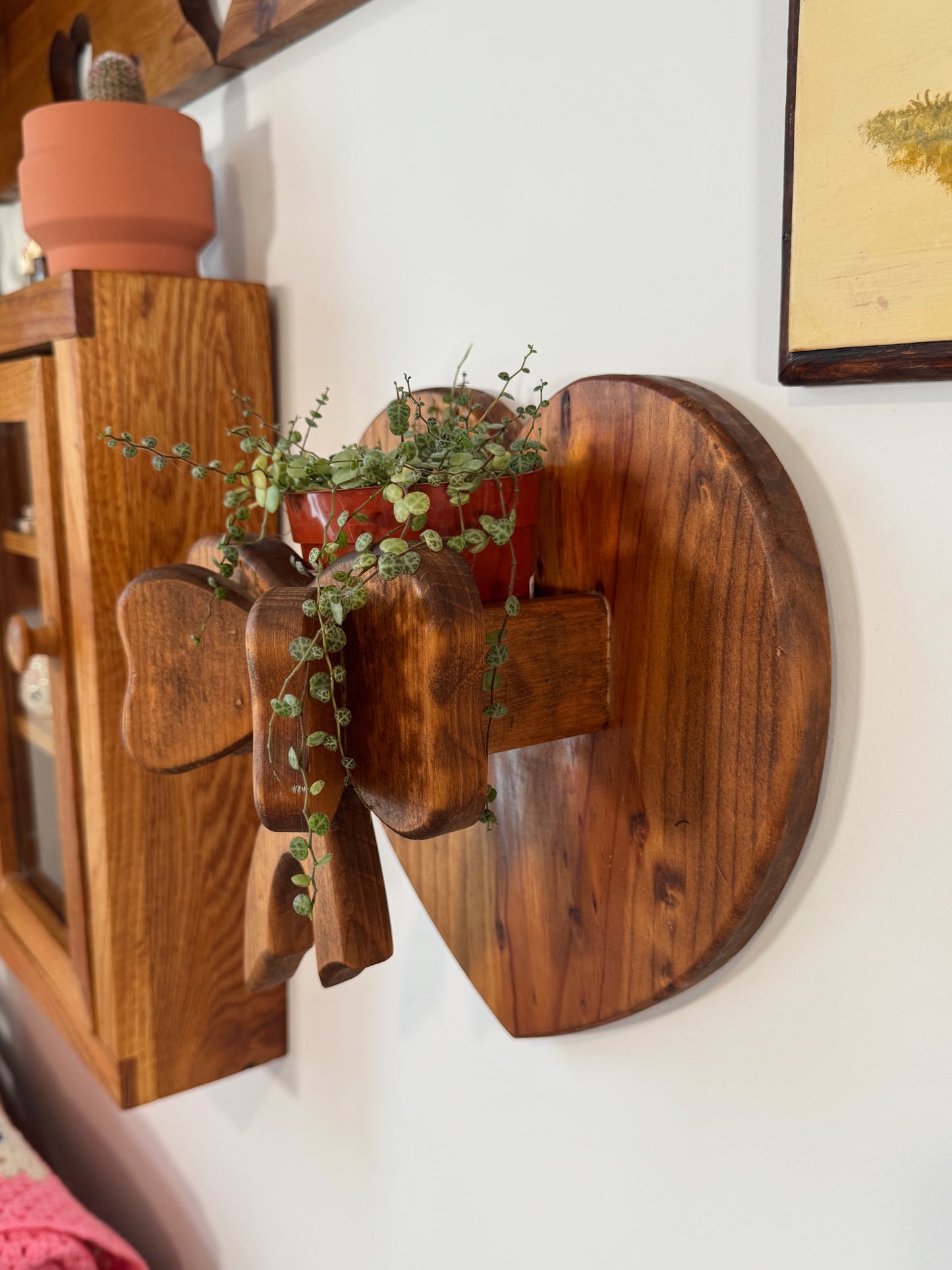 Vintage Wooden Heart Wall Shelf with Bow Detail