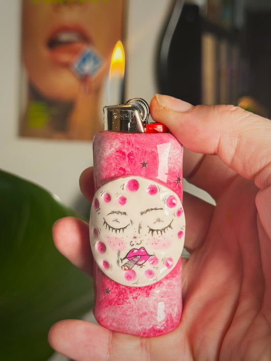 Smoking Moon Lighter Case| Fits Standard Bic | Handmade Polymer Clay Art