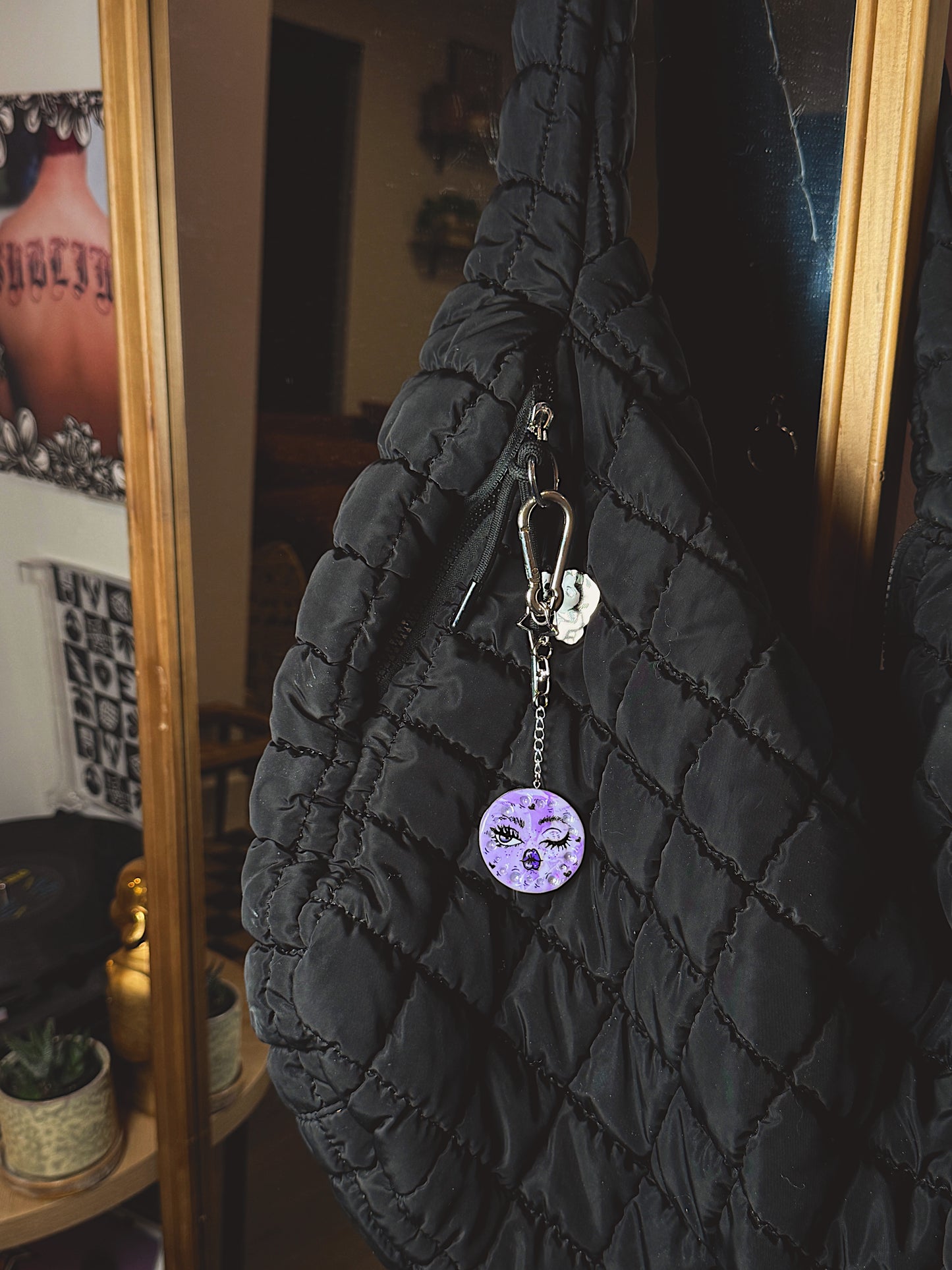 Winking Moon Keychain & Bag Charm – Hand-Painted Celestial Charm with Star Clip