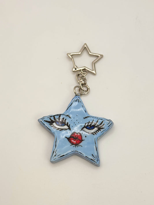 Sassy Star Keychain Hand-Painted Star Face Charm with Star Clasp