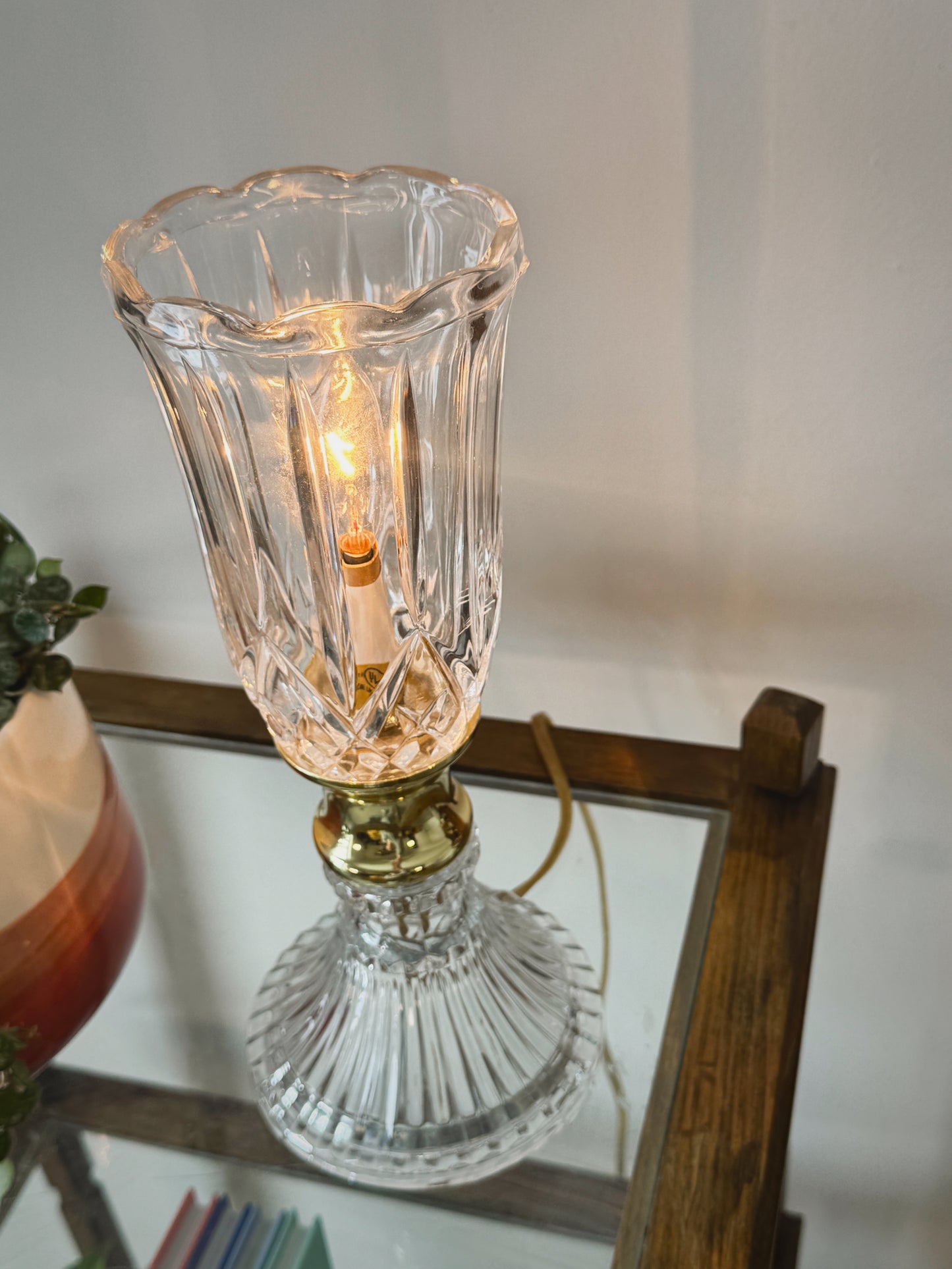 Mid-Century Crystal & Brass Boudoir Lamp – 12” Decorative Uplight