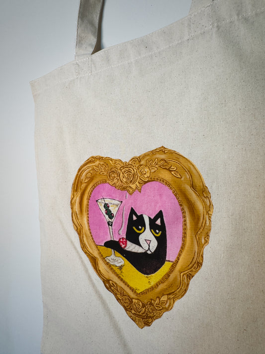 Meowtini Cat Hand-Pressed Tote Bag | 15x16 Natural Cotton