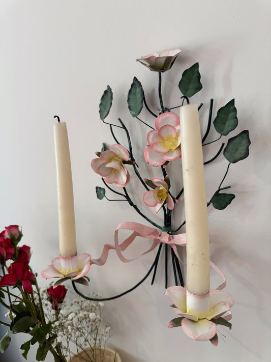 Vintage Floral Metal Wall Sconce Candle Holders (Set of 2) – Romantic Cottagecore Decor