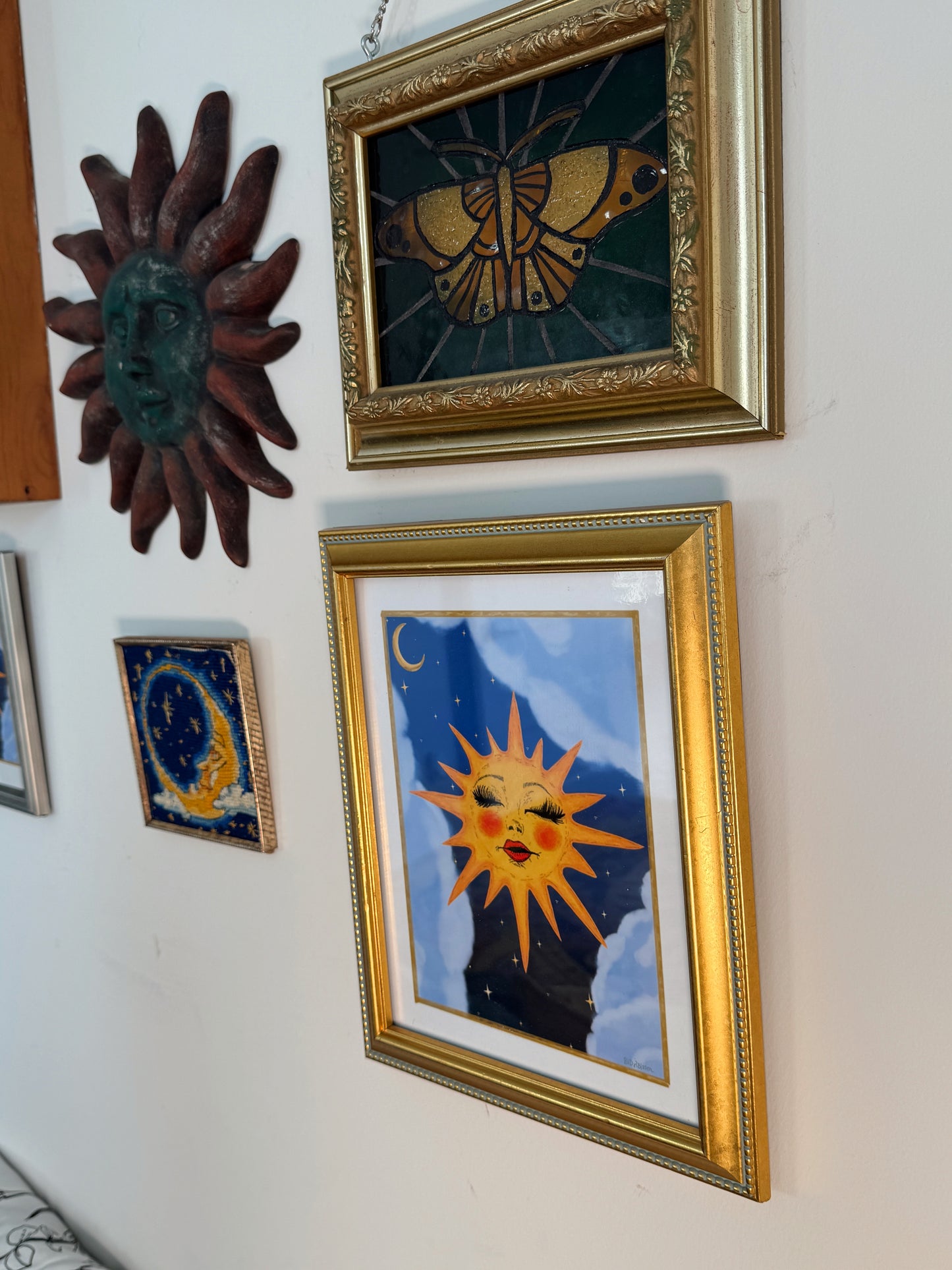 Framed Miss Sunny Art Print – Celestial Whimsigoth Sun & Moon Illustration in Ornate Gold Frame (11.5” x 9.