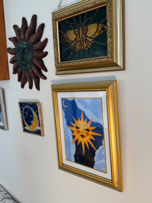 Framed Miss Sunny Art Print – Celestial Whimsigoth Sun & Moon Illustration in Ornate Gold Frame (11.5” x 9.