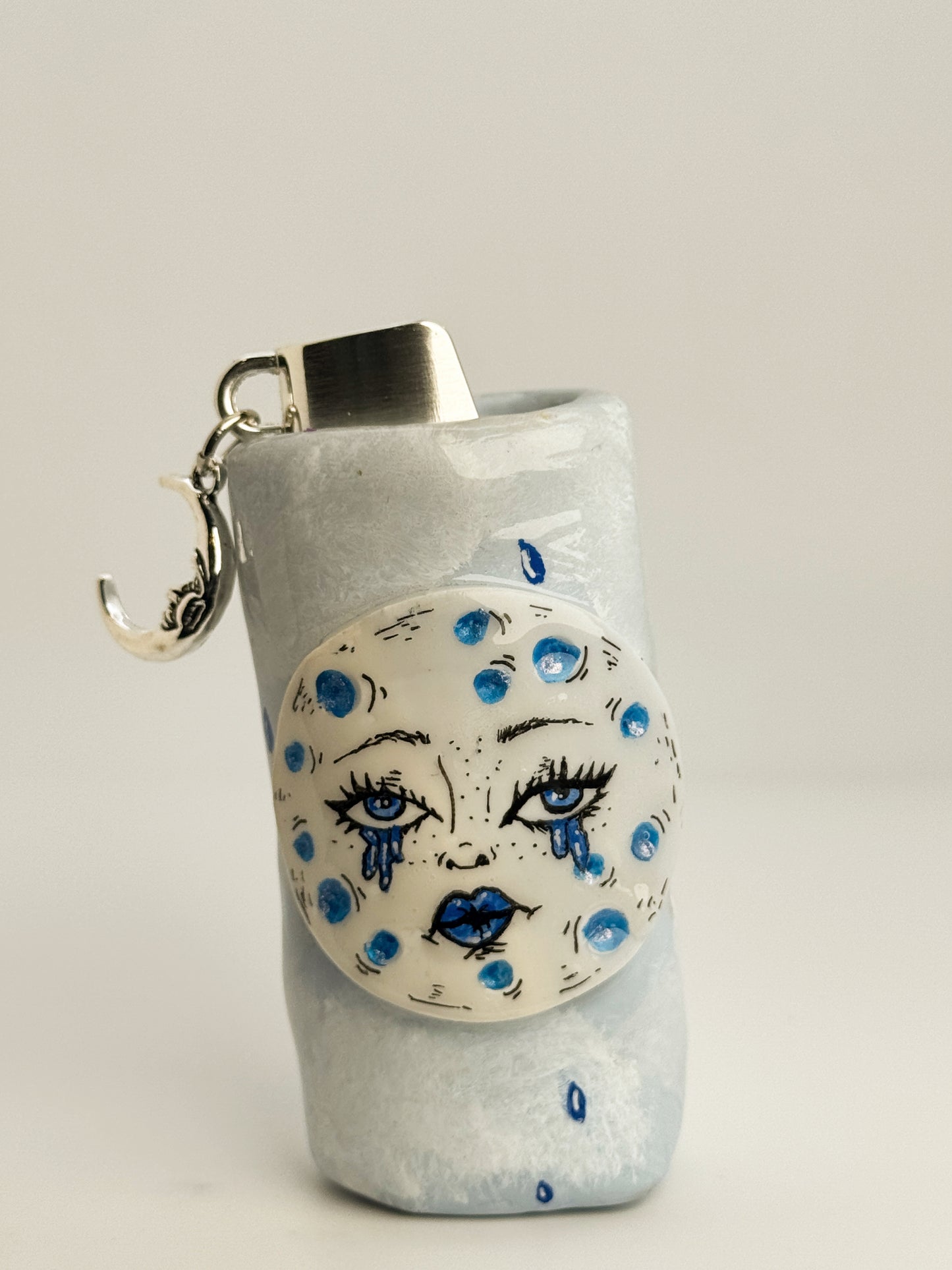 Crying Moon Lighter Case w/ Charm | Fits Standard Bic | Handmade Polymer Clay Art