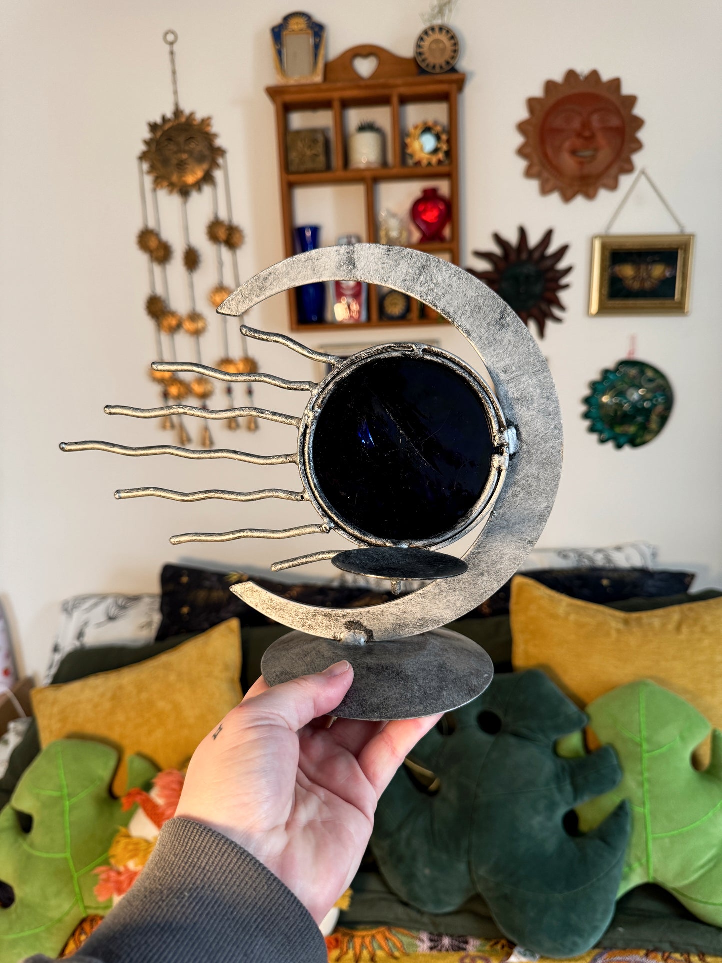 Vintage Celestial Sun Moon Candle Holder – Heavy Metal Sculpture