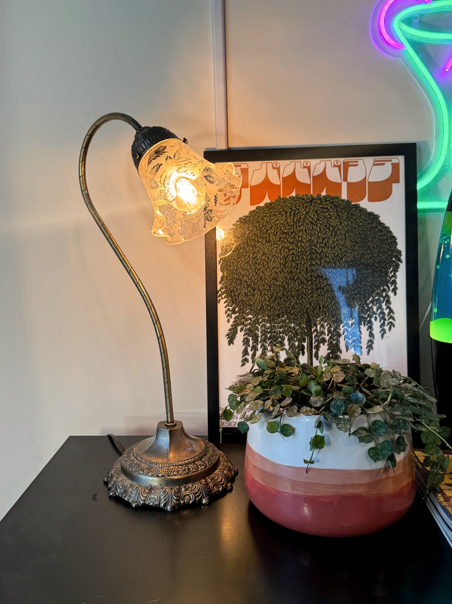 Vintage Brass Gooseneck Boudoir Lamp w/ Etched Glass Shade – 19”