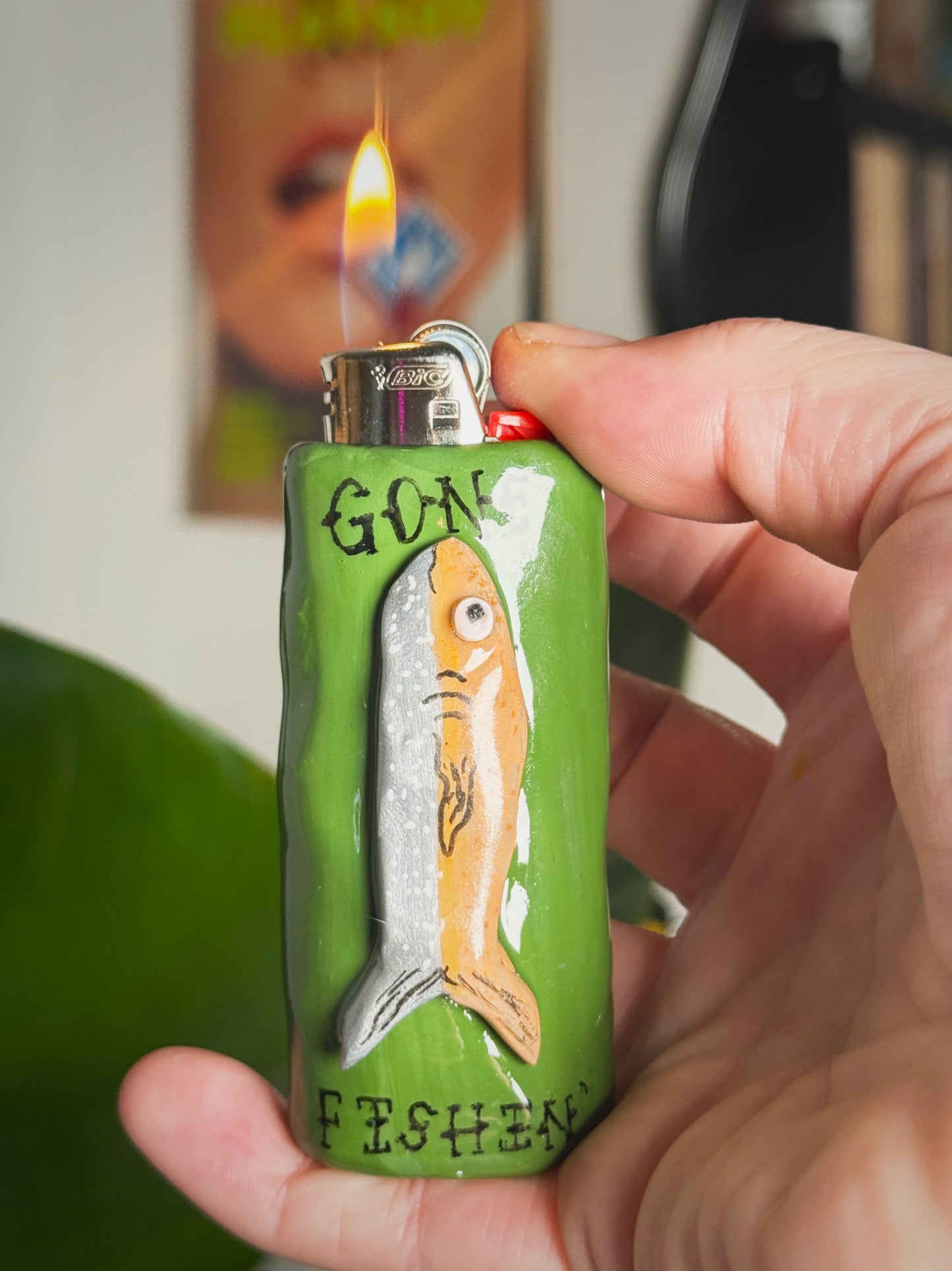 Gone Fishin’ Lighter Case| Fits Standard Bic | Handmade Polymer Clay Art