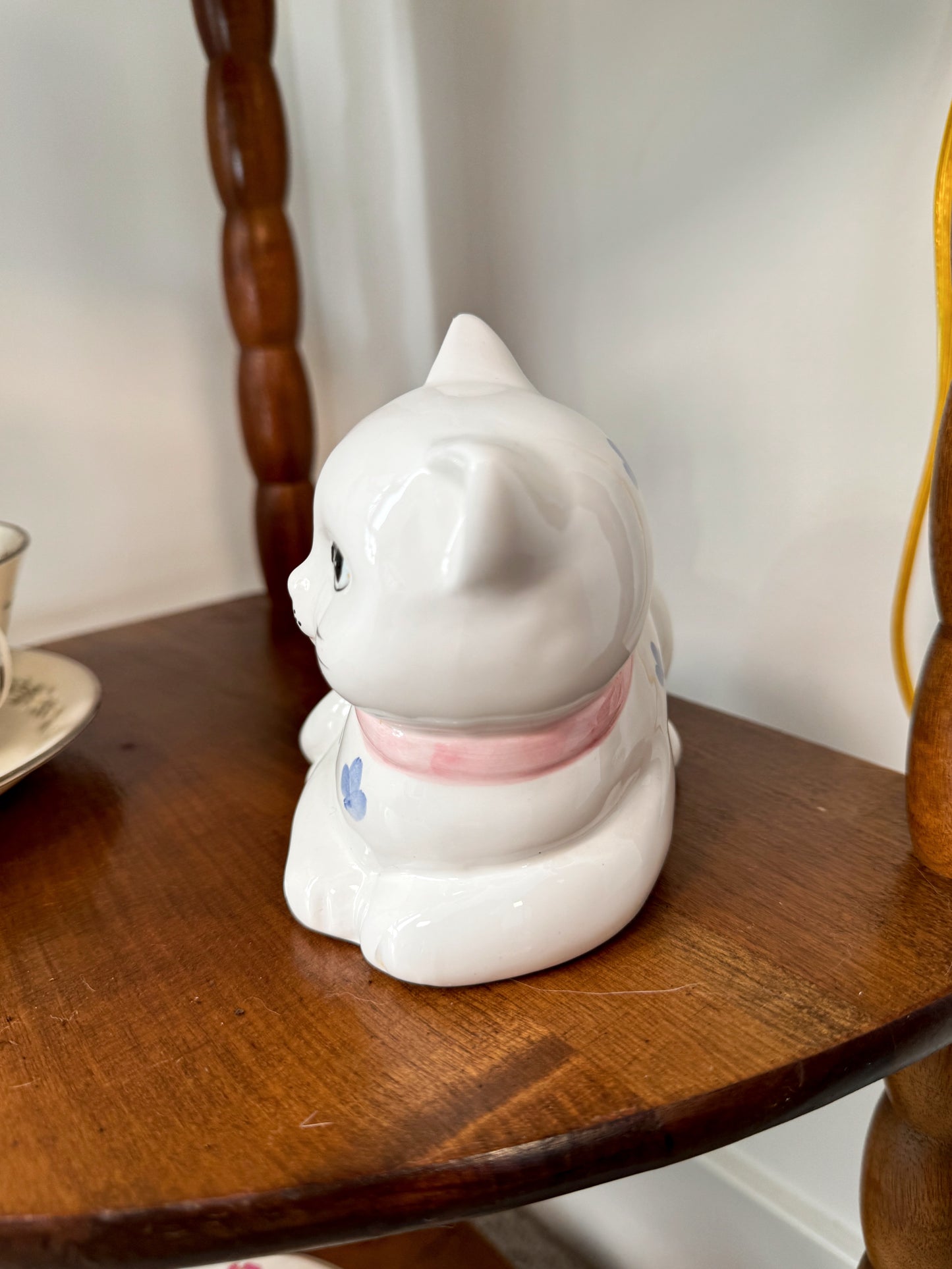 Vintage Ceramic Cat Figurine with Pink Bow | Made in Taiwan