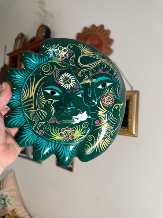Vintage Sun & Moon Wall Hanging – Green Celestial Folk Art Decor 9”