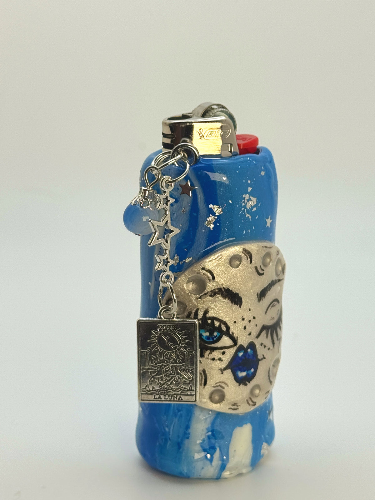 Winking Moon Case with charm| Fits Standard Bic | Handmade Polymer Clay Art