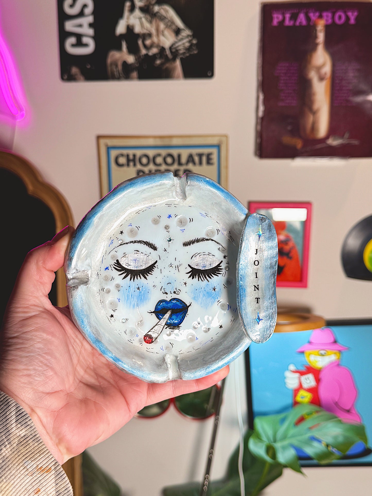 Blue Smoking Moon Ashtray – Hand-Painted Celestial Moon Dish (5.5”)