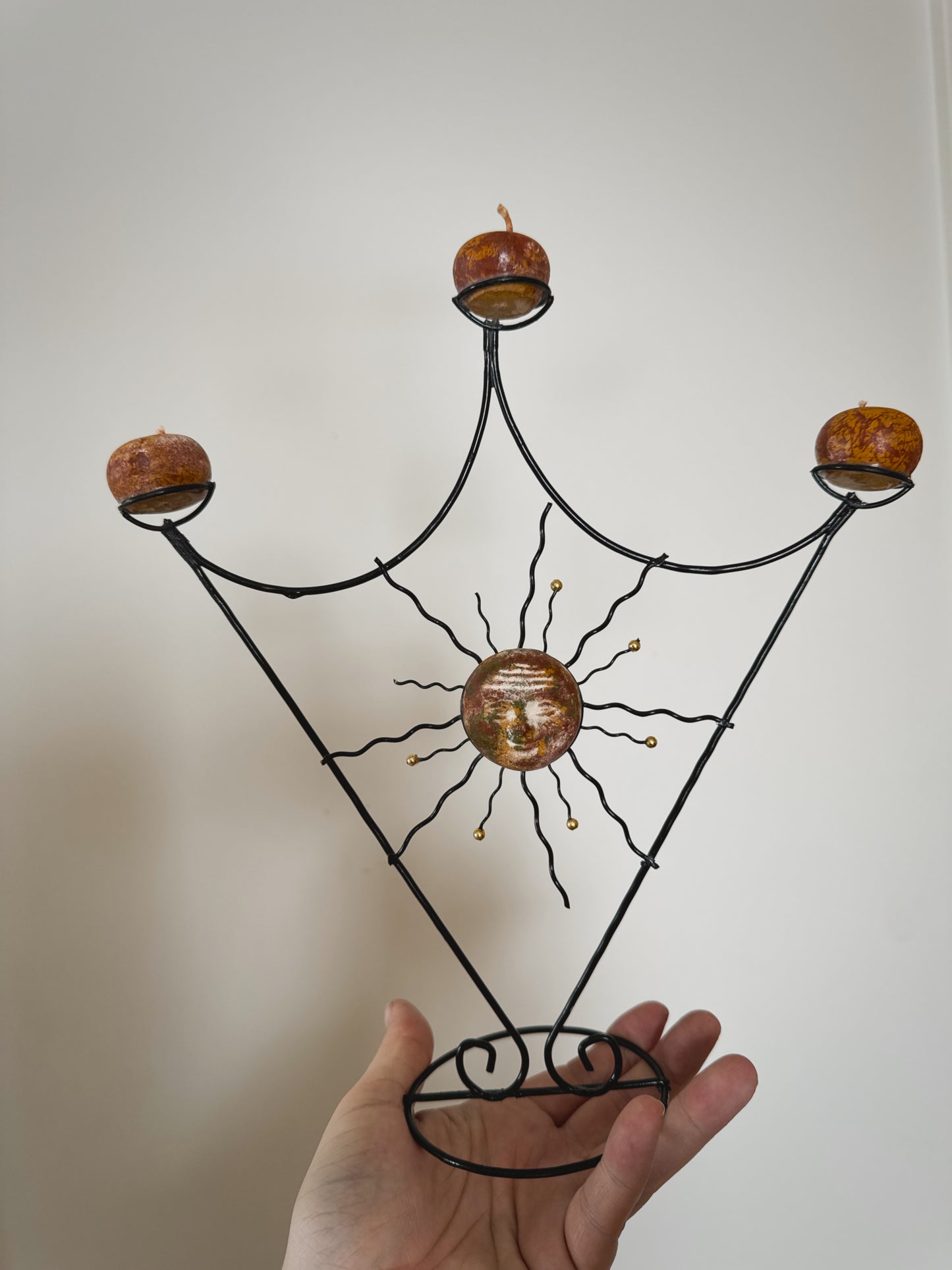 Vintage 90s Wrought Iron Sun Candelabra – 11” Celestial Candle Holder