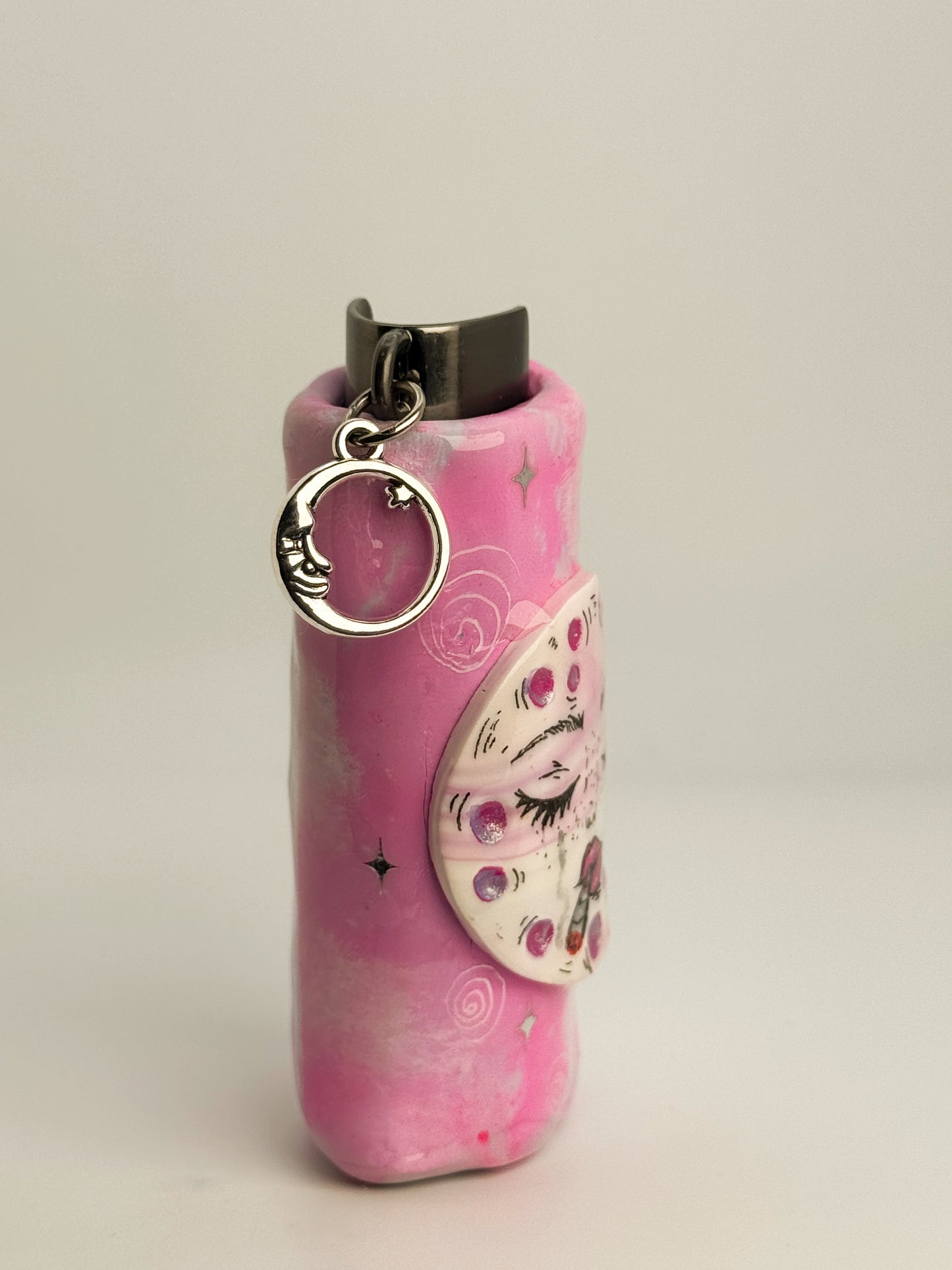 Smoking Moon Lighter Case w/ Charm | Fits Standard Bic | Handmade Polymer Clay Art