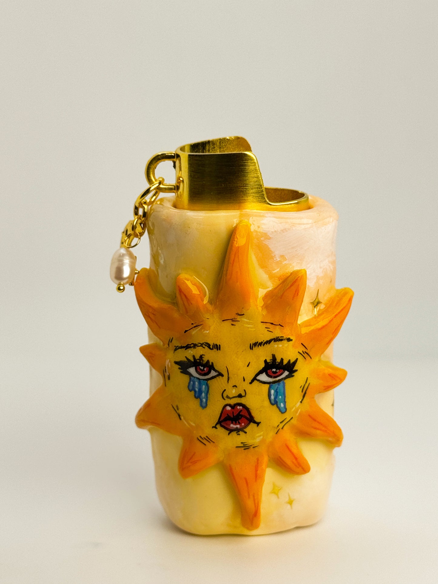Sad Girl Sun Lighter Case w/ Charm | Fits Standard Bic | Handmade Polymer Clay Art