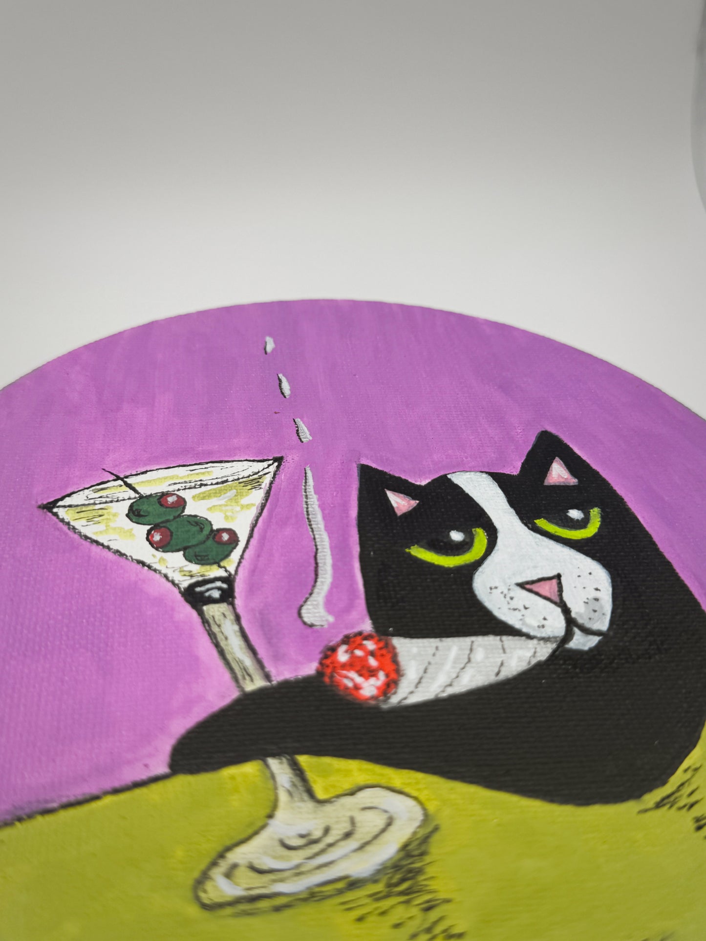 Dirty Martini Cat – Original Acrylic Painting on Round Canvas (6”)