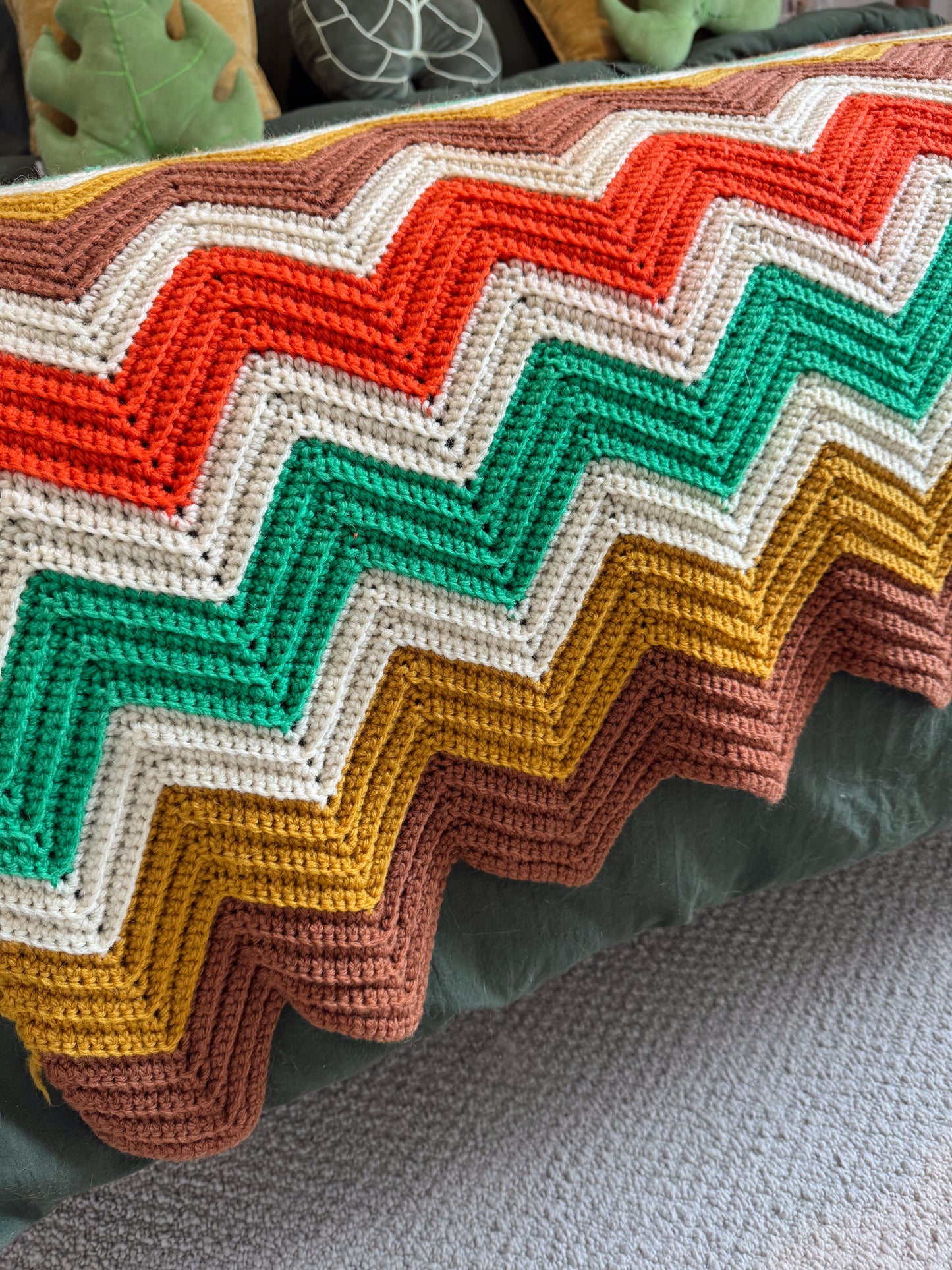 Vintage 1970s Chevron Knit Blanket – Retro Earth Tone Zigzag Throw – 71x61
