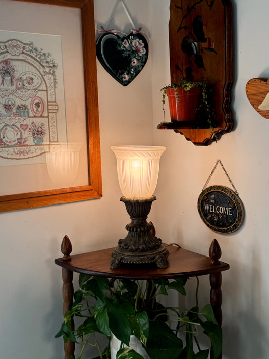 Vintage Table Lamp with Frosted Glass Shade – Heavy Ornate Base
