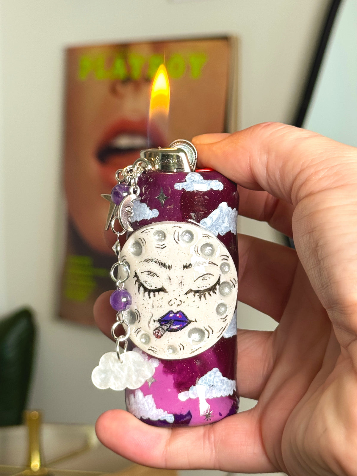 Purple Haze Moon Lighter Case with charm| Fits Standard Bic | Handmade Polymer Clay Art