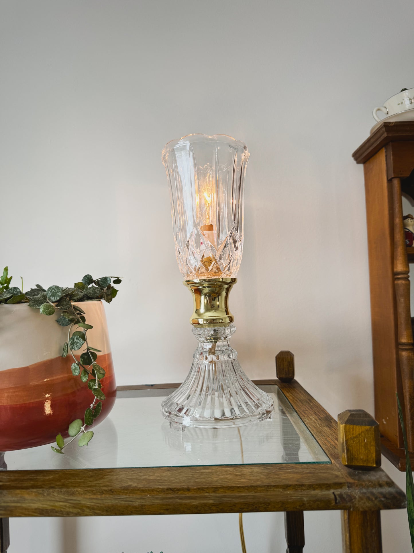 Mid-Century Crystal & Brass Boudoir Lamp – 12” Decorative Uplight