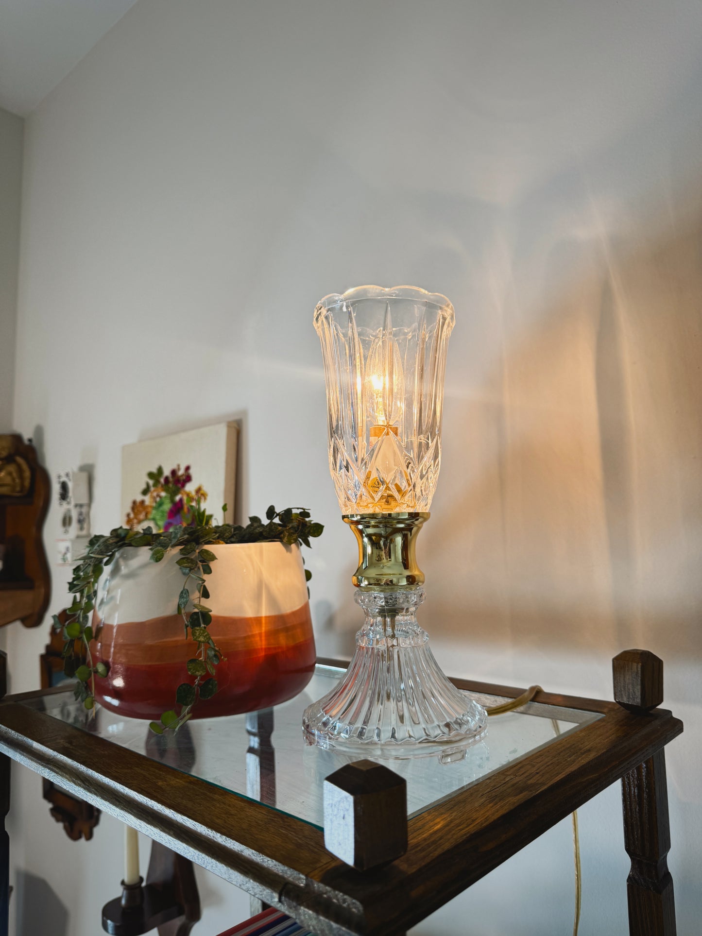 Mid-Century Crystal & Brass Boudoir Lamp – 12” Decorative Uplight