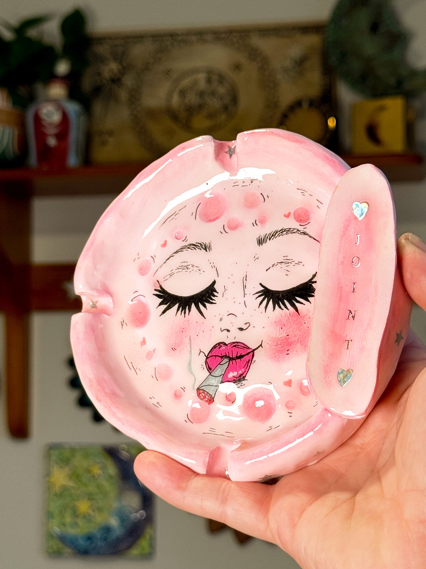 Pink Smoking Moon Ashtray – Hand-Painted Celestial Moon Dish (5.5”)