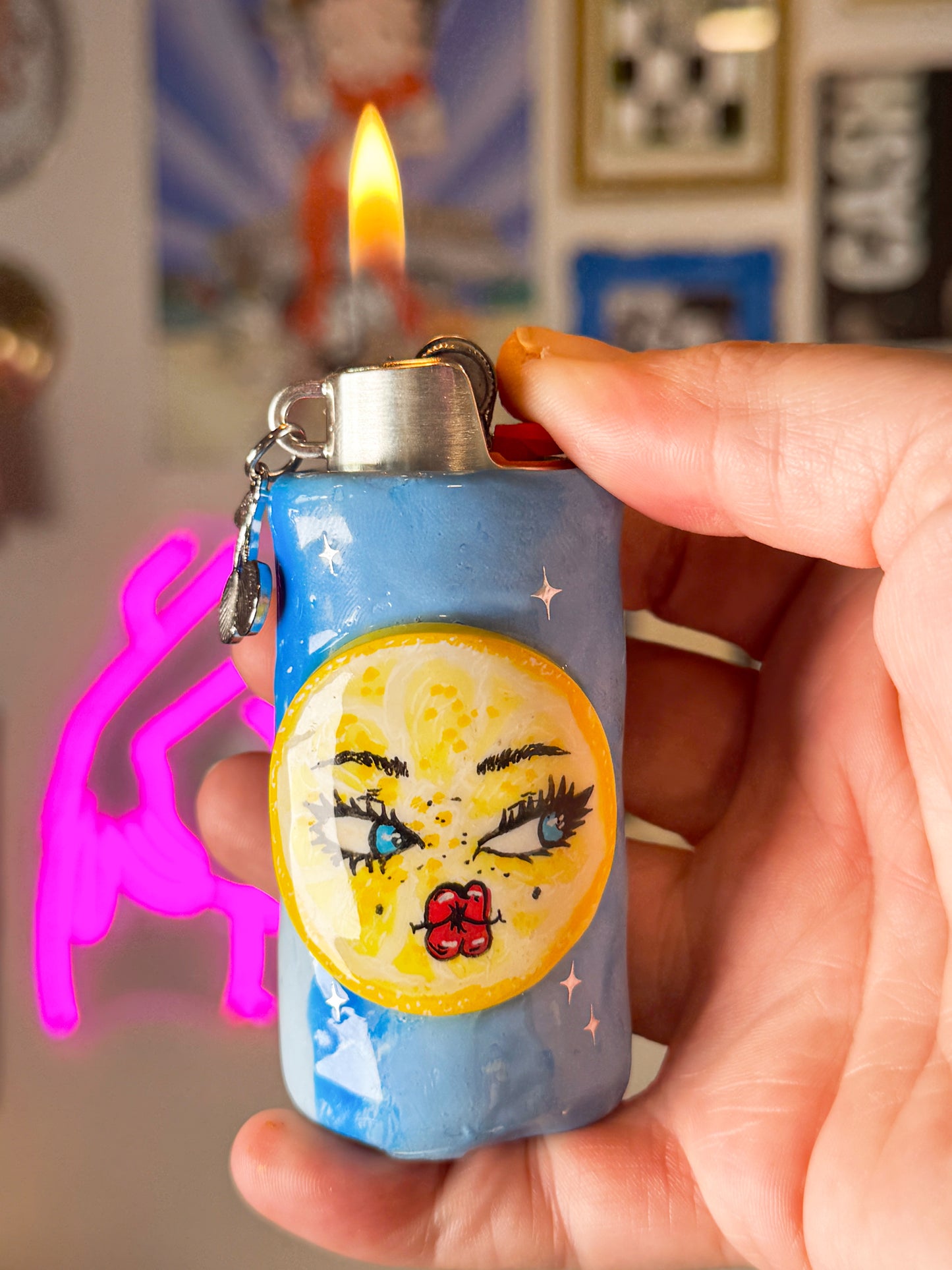 Sour Lemon Face Lighter Case w/ Charm | Fits Standard Bic | Handmade Polymer Clay Art