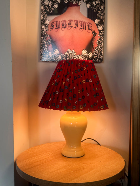 Vintage Ceramic Table Lamp with Signed Pleated Shade – Buttery Yellow + Red – 16.5”