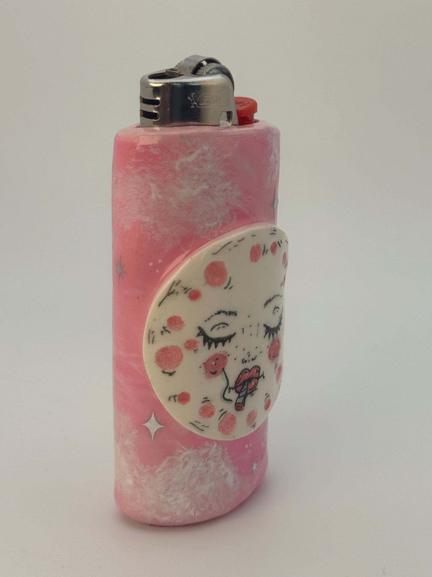 Handmade Smoking Moon Polymer Clay Lighter Case – Pink Celestial Bic Cover