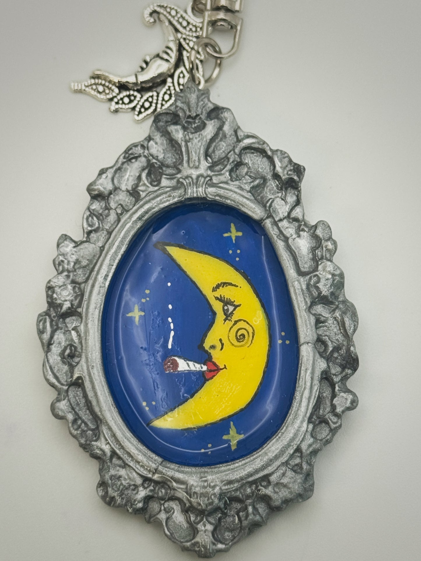 Vintage Frame Smoking Moon Keychain – Handmade Polymer Clay Bag Charm