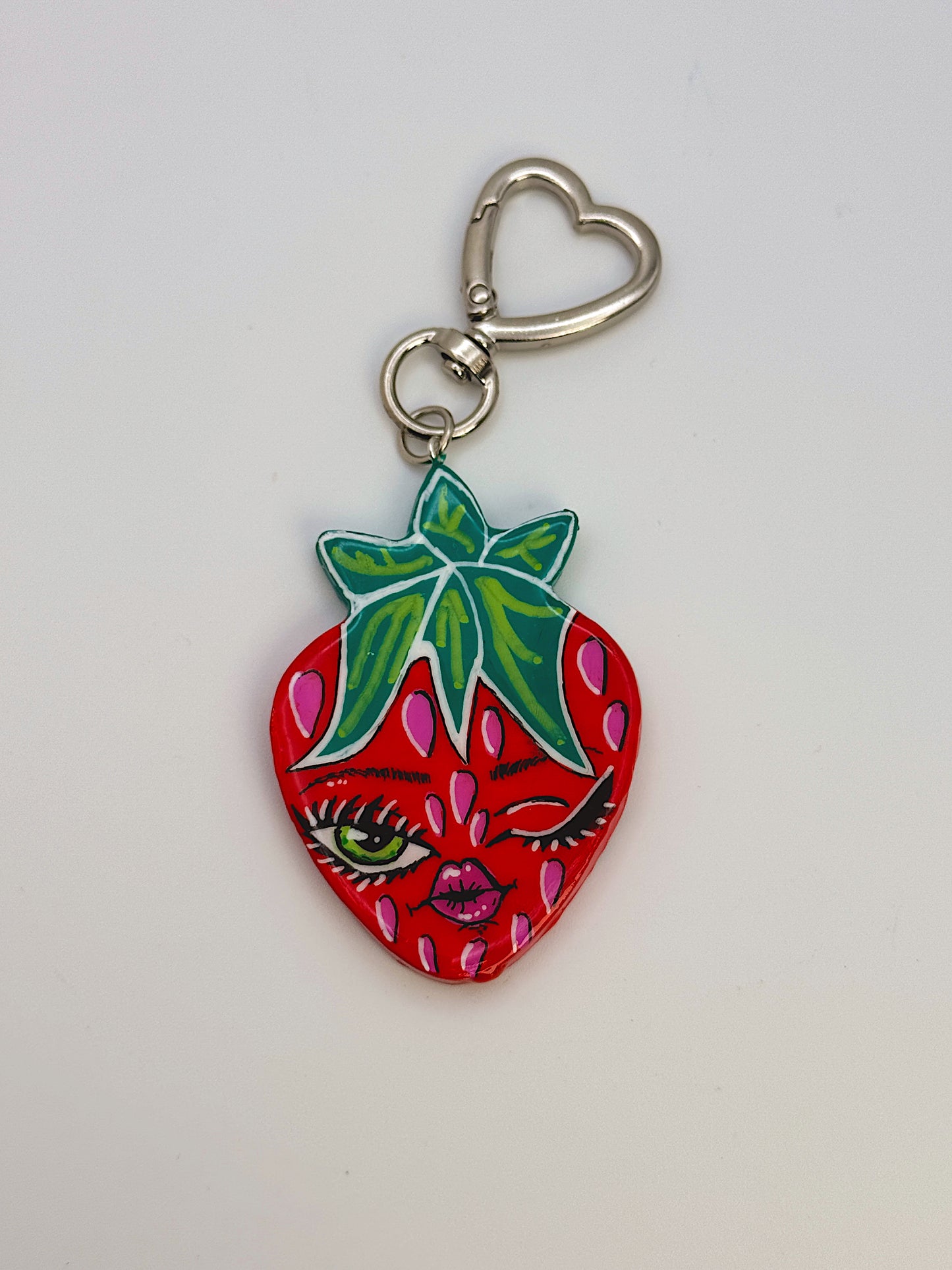 Winking Strawberry Bag Charm – Hand-Painted Strawberry Keychain with Heart Clip