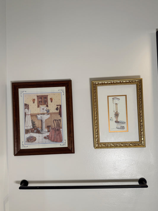 Vintage Victorian Bathroom Illustration in Ornate Gold Frame – 15” x 11”