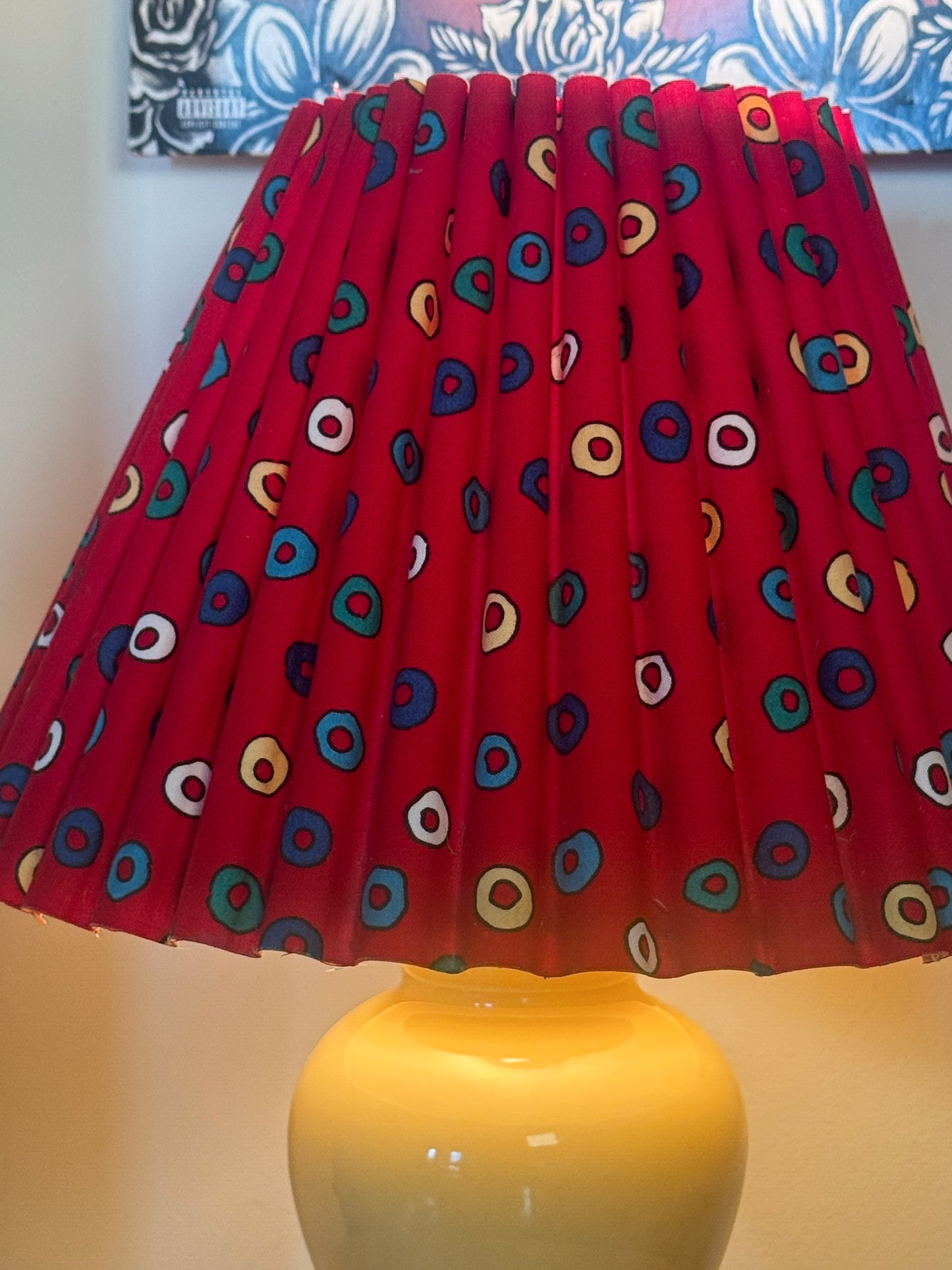 Vintage Ceramic Table Lamp with Signed Pleated Shade – Buttery Yellow + Red – 16.5”
