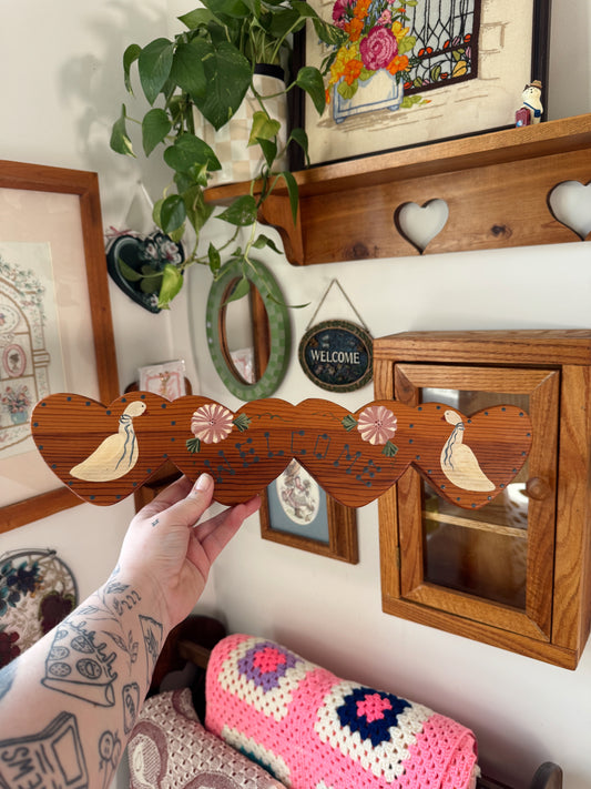 Vintage Hand Painted Wooden Heart “Welcome” Wall Sign
