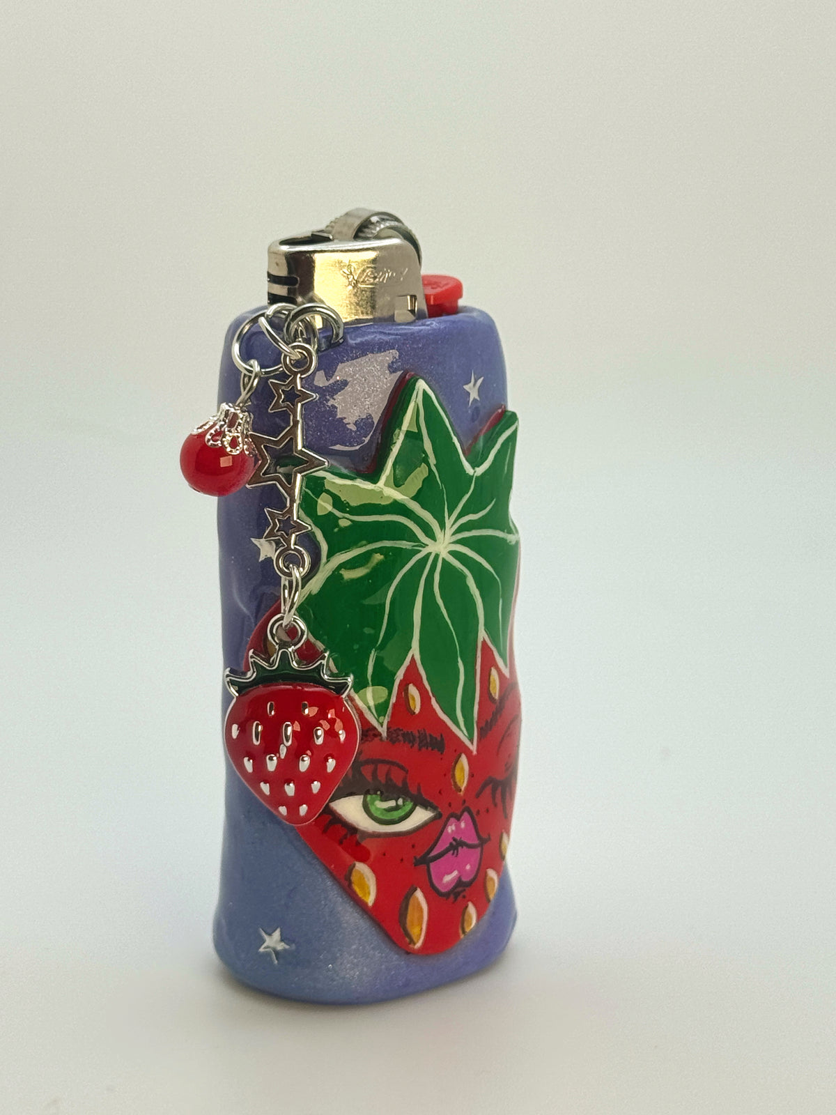Sassy Strawberry Case with charm| Fits Standard Bic | Handmade Polymer Clay Art