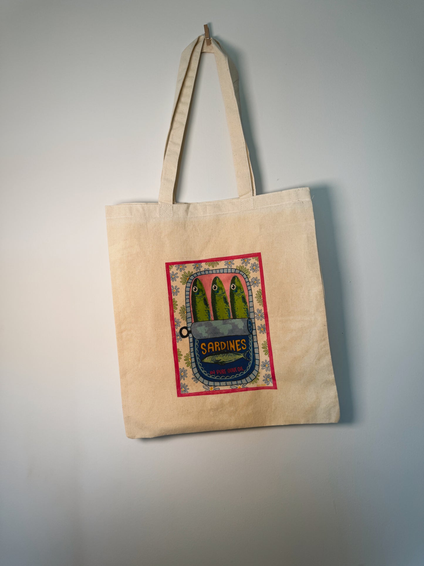Sardines in Olive Oil Hand-Pressed Tote Bag | 15x16 Natural Cotton