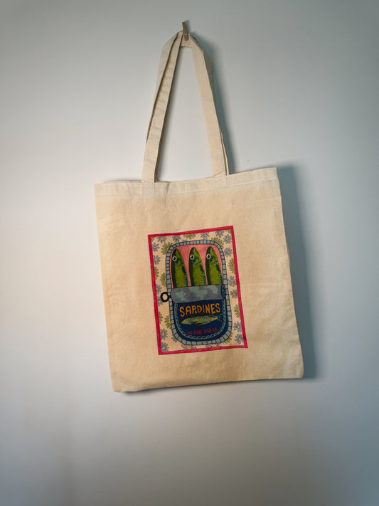 Sardines in Olive Oil Hand-Pressed Tote Bag | 15x16 Natural Cotton