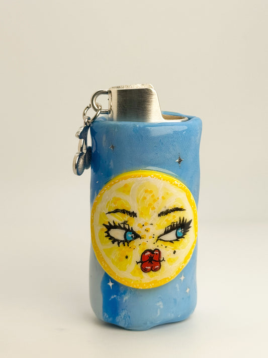 Sour Lemon Face Lighter Case w/ Charm | Fits Standard Bic | Handmade Polymer Clay Art