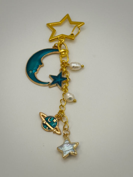 Gold & Blue Celestial Bag Charm | Handmade Key Chain